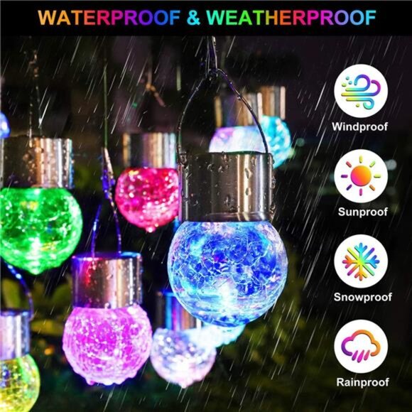 12-Pack Hanging Solar Lights, Decorative Cracked Glass Ball Light, Multicolor - Picture 3 of 6